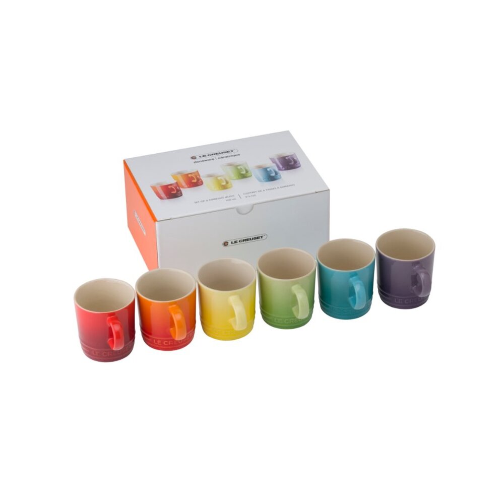 Le Creuset Stoneware Rainbow Multicolor Set of 6 3.5oz London Espresso Mugs NEW
